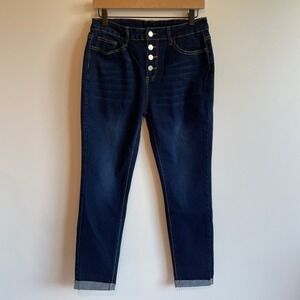Dark Wash Denim Jeans Womens L Button Fly High Rise Cuffed Hem Casual Unbranded